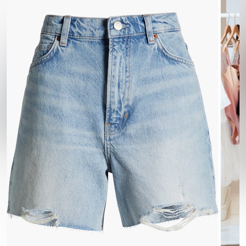 REFORMATION High Rise Raw Hem 4” Shorts in Saige Wash (Light Blue)